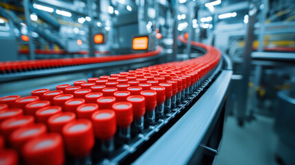Obraz premium Glass vials on production conveyor line, showcasing modern manufacturing process with vibrant red caps. scene reflects efficiency and precision in industrial settings