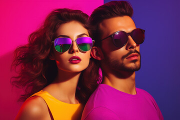 Young woman and man wearing sunglasses. Vibrant couple portrait in pop art retro style