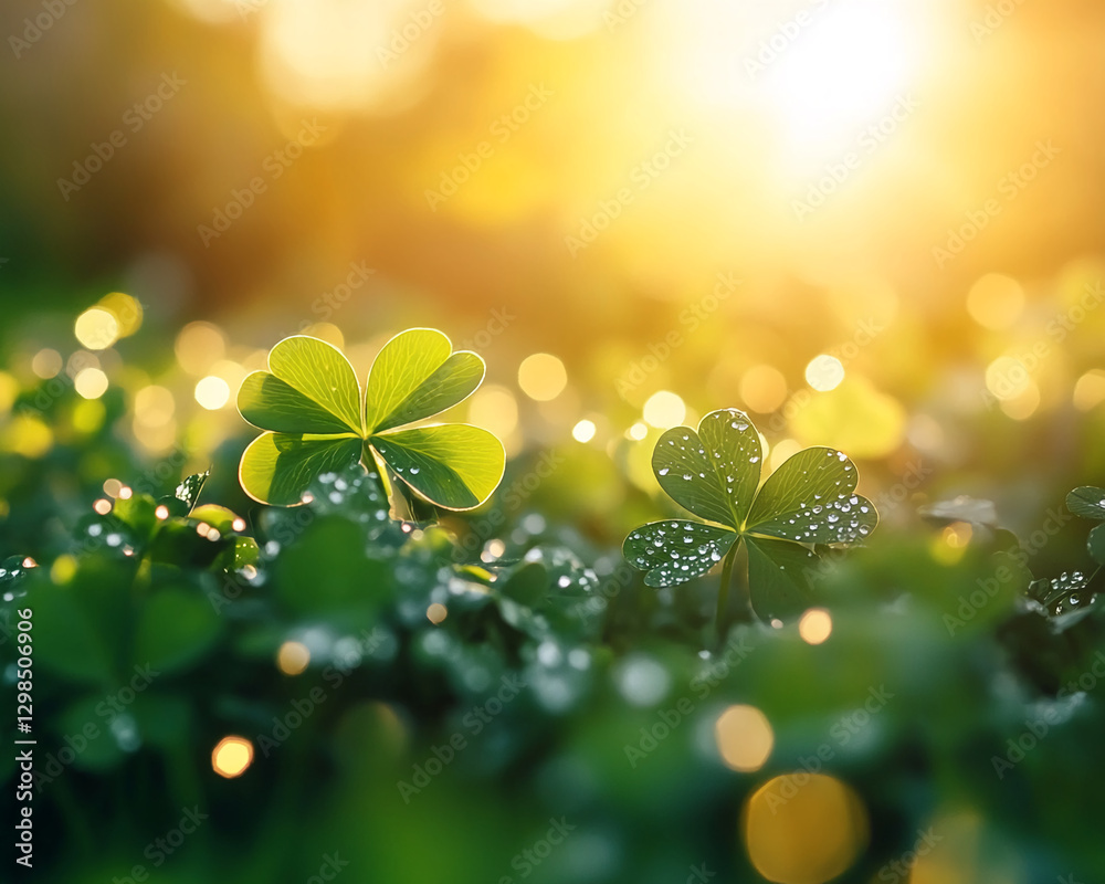 Poster close-up view of clover leaves with water droplets on them, bathed in soft sunlight. the image symbo