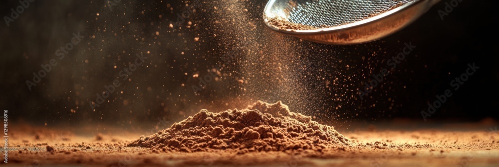 Aufkleber brown powder sifting through a fine mesh sieve creating a cloud of dust in a dimly lit kitchen setti