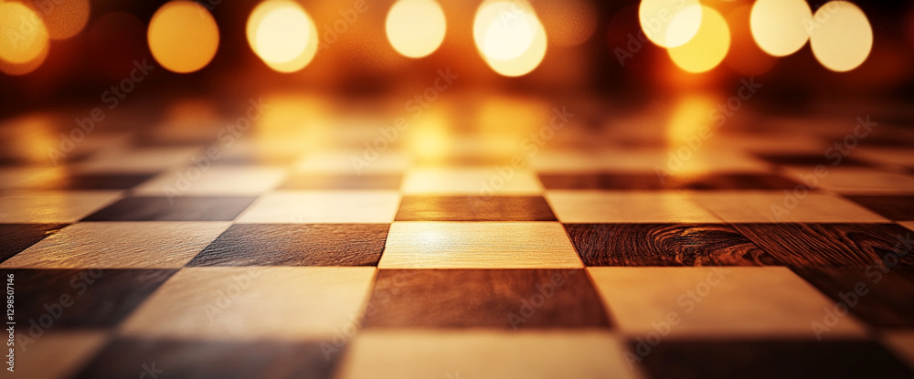 Poster Close-up of a wooden chessboard with a bokeh background of golden light, showcasing a soft focus on the chess pieces. This image symbolizes strategy, game, and thinking.
