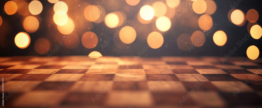 Poster close-up of a wooden chessboard with blurred golden bokeh lights in the background, symbolizing focu