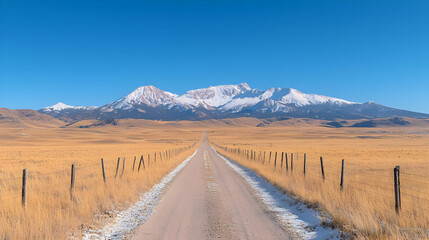 Scenic mountain road, winter landscape, open field, travel destination