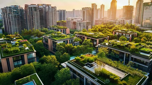 Urban skyline featuring zero-emission vehicles, smart architecture, green rooftops, clean air, renewable systems, sustainable city design, carbon reduction.