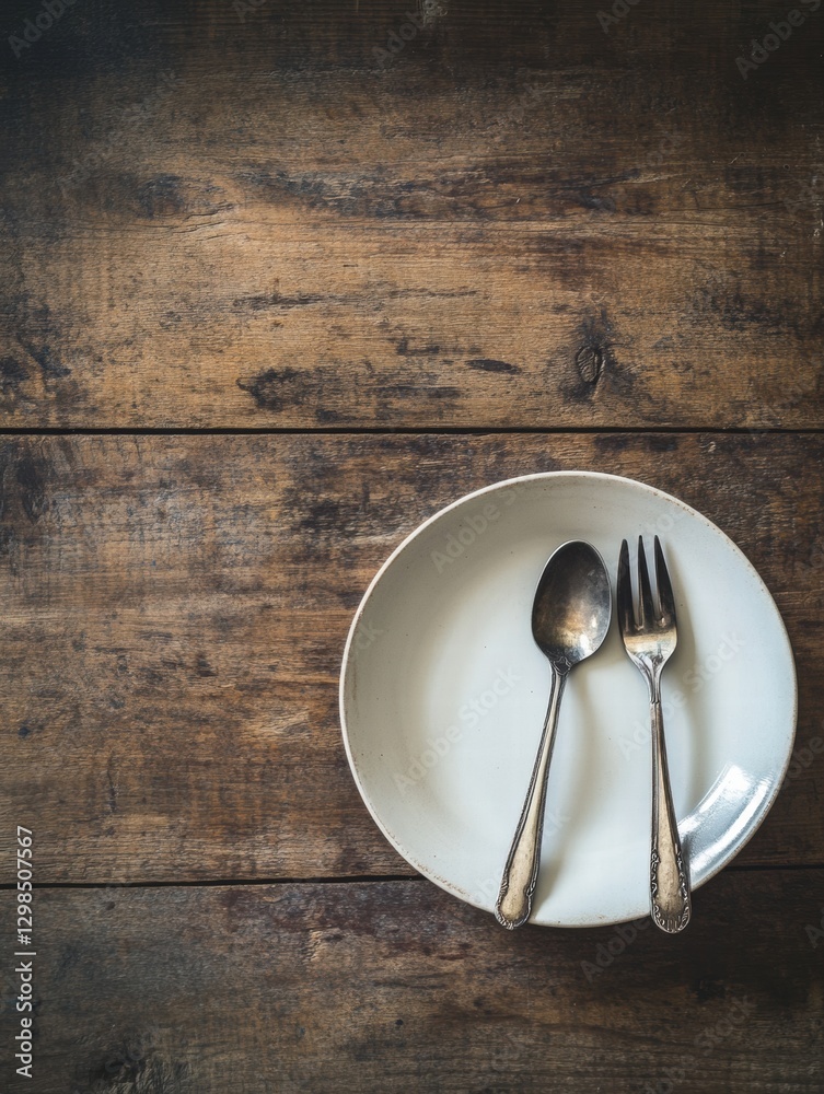 Poster Elegant table setting with vintage silverware on a rustic wooden table for a dining experience. Generative AI