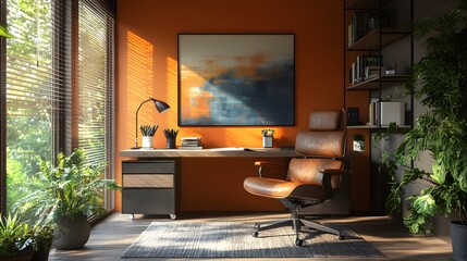 Compact study setup with a wooden work table, bright motivational art, and a cozy chair, 8K quality realistic image