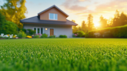 serene green garden in front of modern house at sunset, showcasing vibrant grass and blooming flowers, creating peaceful atmosphere