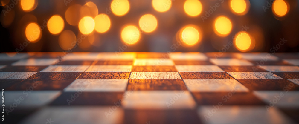 Poster close-up view of a wooden chessboard with glowing bokeh lights in the background, representing a gam