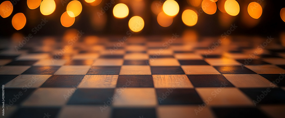 Aufkleber close-up of a wooden chessboard with blurred bokeh lights in the background, symbolizing a game of s