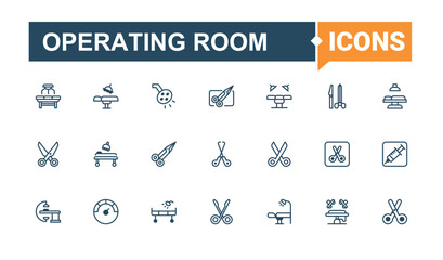 Operating Room line icons. It contains symbols to head, knee, up, doctor, side view, patient, technology, lying. Collection for mobile and web apps. Solid line editable vector illustration.