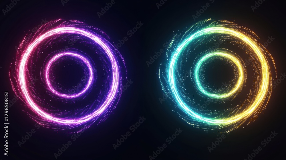 Poster Vivid circular light patterns in purple and green tones against a dark background creating an eye catching visual effect. Generative AI