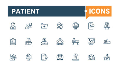 Patient icon set. Contains related to medical, people, health, doctor, old, virus, sickness, man. Expanded stroke. Minimalistic solid style icon collections.