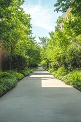 Obraz premium Lush pathway flanked by vibrant greenery invites peaceful stroll