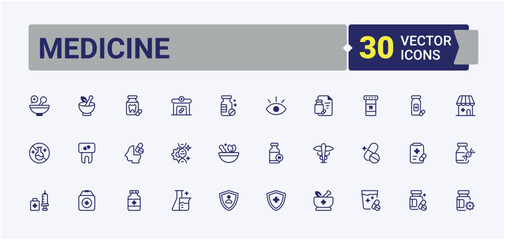 Medicine icons. Includes icons for recipe, pharmaceutical, medicine, vaccine, medication, chemistry and more. Line symbol. Solid line editable stroke. Vector collection.