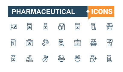 Pharmaceutical icons. Contains linear outline icons like pharmaceutical, antibiotic, aspirin, medical, on, care, tablet, tube. Outline icon. Solid line editable stroke. Vector collection.