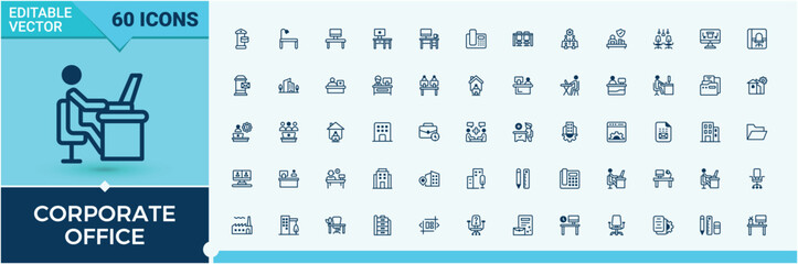Corporate Office linear icon. Featuring teamwork, idea, business, workspace, strategy, workplace and more. UI icon set in a flat design. Vector outline and solid icons collection.