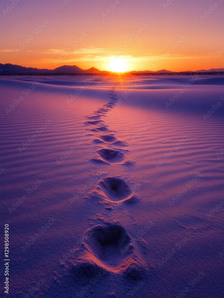 Aufkleber footprints in the sand lead towards a vibrant sunset view over the horizon at dusk by the beach. gen