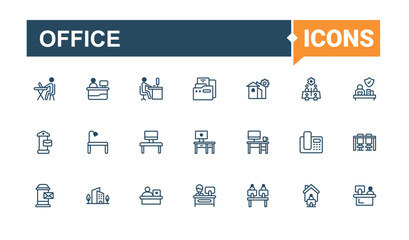 Office icon set. Contains such icons as chair, on, web, teamwork, tea, person, development, employee. Line symbol. Editable vector outline and solid icons.