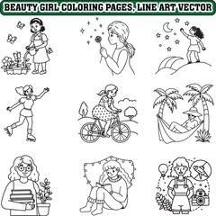 Beauty girl coloring pages, bold and easy coloring page, line art vector illustration