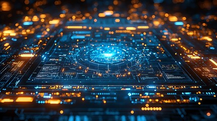Obraz premium Futuristic Digital Network Interface Abstract Technology Background with Glowing Circuitry and Data