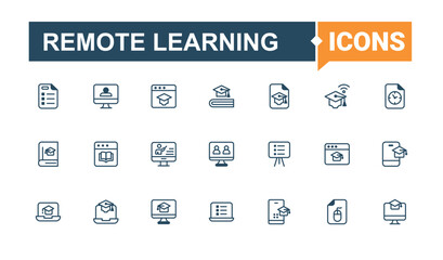 Remote Learning linear icon collection. Included icons as e-book, school, learn, graduate, book, learning, student, lesson. Solid line editable stroke. Vector line and solid icons.