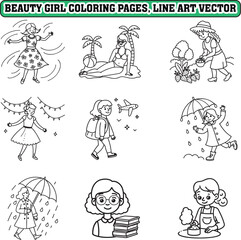 Obraz premium Beauty girl coloring pages, bold and easy coloring page, line art vector illustration