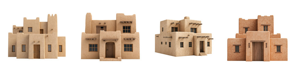 Miniature houses in a traditional desert village design featuring classic architectural elements and ornamental details