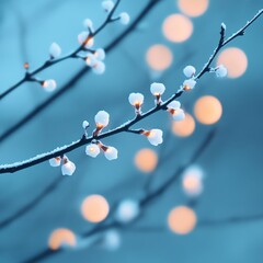 Branches with Frozen Buds and Bokeh Lights.