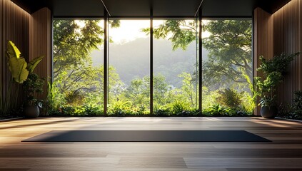 Modern Minimalist Yoga Studio with Lush Green Landscape View