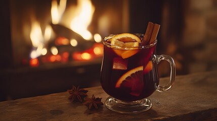 Fototapeta premium Warm and cozy drink served in a glass with cinnamon and orange, glowing fireplace in the background, perfect for winter evenings.