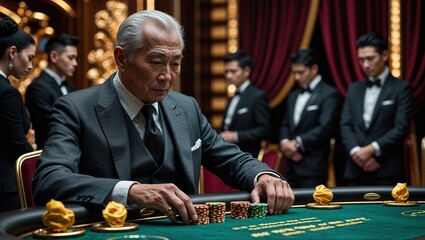 In a luxurious casino setting, a seasoned player contemplates his next move at a poker table surrounded by attentive competitors in formal attire, highlighting the intensity of the gameplay