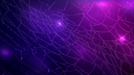 Enchanting spider web with dew drops on vibrant purple background for design