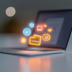 Fototapeta premium E-learning Concept with Laptop and Glowing Icons