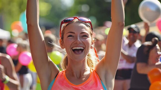 Woman cheering after crossing a marathon finish line, vibrant crowd, joyous achievement, health focus, supportive energy, competitive moment.