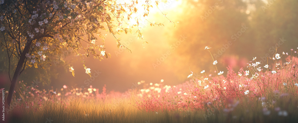 Poster a soft, glowing image of spring blossoms with sunlight filtering through trees, creating a peaceful 