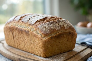 Minimalistic photo of a freshly baked loaf of whole wheat bread with a crisp crust, extreme close-up showcasing texture, softly blurred background.