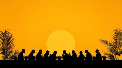 Fototapeta premium Silhouettes of People Against Vibrant Sunset with Palm Leaves
