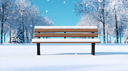 Winter Park Bench Surrounded by Snowy Trees and Blue Sky