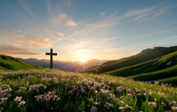 Paisaje de monta&ntilde;as con cruz en el atardecer. Pascuas