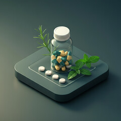 Natural Medicine: Bottle of Pills with Medicinal Herbs and Green Leaves on a soft Background