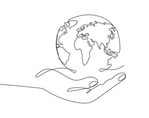 Minimalist continuous one line drawing of Earth held in hands with a plant, symbolizing World Environment Day vector.