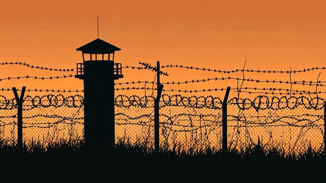 Gloomy Prison Scene with Guard Tower and Barbed Wire Fence Silhouette at Sunset