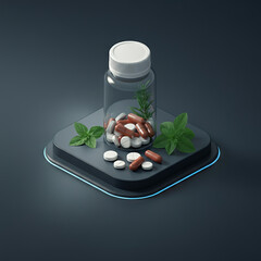 Natural Medicine: Bottle of Pills with Medicinal Herbs and Green Leaves on a soft Background