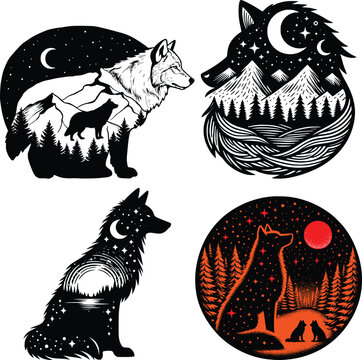Mountain landscape within a dire wolf silhouette with pine trees and night sky