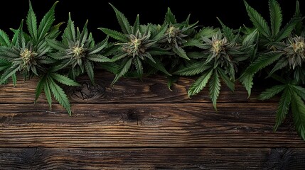 Marijuana leaf and cannabis buds on wooden surface. Generative Ai