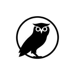 This minimalist owl logo features a sleek silhouette encased within a circular frame, emphasizing its symbolic role as a wise, nocturnal creature. The clean black-and-white contrast highlights the owl