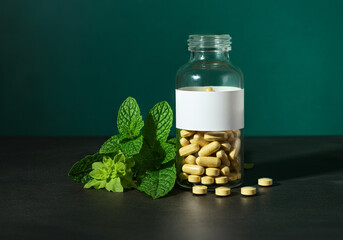 Natural Medicine: Bottle of Pills with Medicinal Herbs and Green Leaves on a soft Background