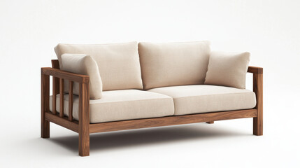 Fototapeta premium modern wooden sofa with soft beige cushions, perfect for stylish living spaces. Its clean lines and natural materials create warm and inviting atmosphere