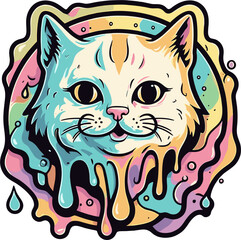 Colorful Melting Cat Kitten Logo handmade sketch Style Design Black New Transparent funny actions red eyes vector artwork vinyl DTF cut vector poster acrylic t-shirt poster interior logo editable Wall