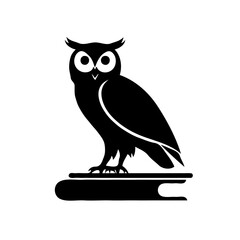 This minimalist owl logo elegantly combines simplicity and symbolism to represent wisdom and knowledge. The owl, depicted in a sharp black-and-white silhouette, is perched atop a book, solidifying its